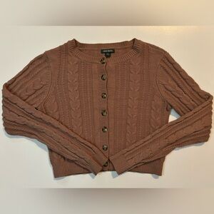 Beige Pink Knit Crop Button Down Sweater